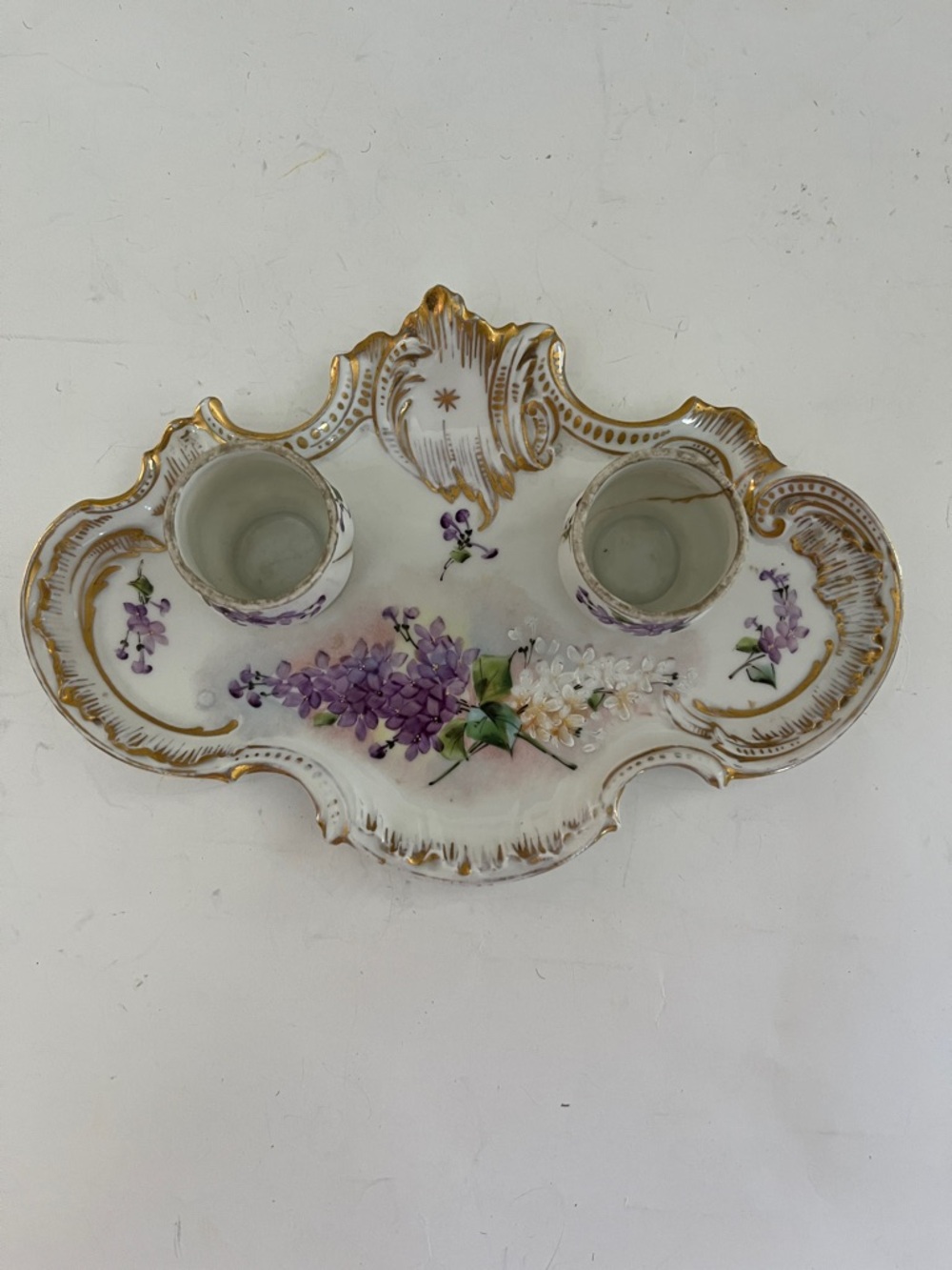 Antique Limoges White Porcelain Double Inkwell with Purple Florals and Gilding